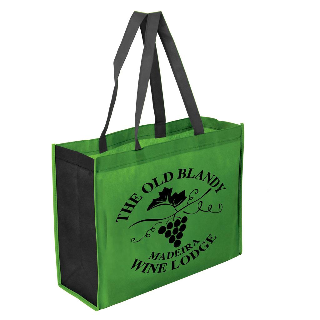 Two Toned 16" x 12" x 6" Tote Bag 100% non woven polypropylene tote bag with approximately 19" handles. 80 grams.