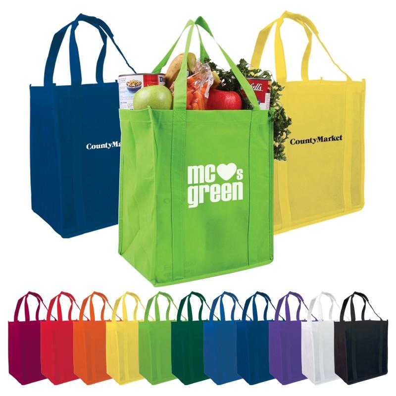 Tote Bag - 12" W x 13" H x 8" D Our most compact market tote made of durable and eco friendly 80 GSM Nonwoven Polypropylene material.