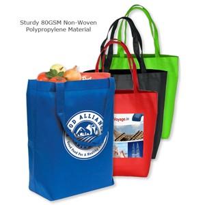 Tote Bag - 14 3/4" W x 14" H x 5" D Sturdy 80 GSM Non-woven Polypropylene material is recyclable and reusable. Gusset: 5" Gusset with 20" Handles. Domestic.