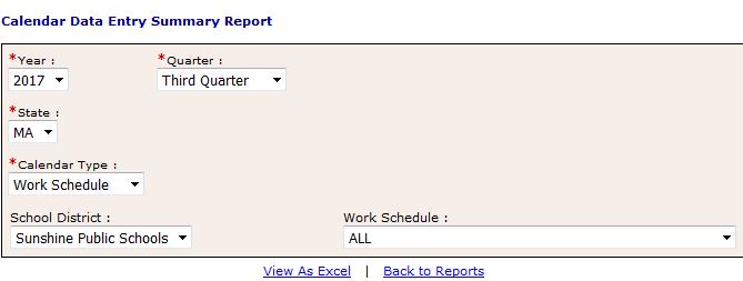 Click View As Excel to generate an Excel spreadsheet of calendar information. g. Click Back To Reports to choose a different report. An Excel spreadsheet will open.
