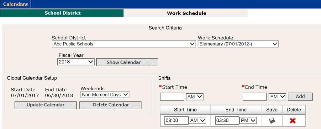 So school district-wide holidays and non-working days should be entered into the School District calendar first, then when Work Schedule calendars are generated afterwards, they will be pre-populated