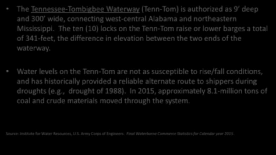 U.S. Rivers and Low Water Situations The Tennessee-Tombigbee Waterway (Tenn-Tom) is authorized as 9 deep and 300 wide, connecting west-central Alabama and northeastern Mississippi.