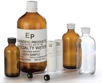 Class 100, double bagged glass bottles are assembled with low-shedding, polypropylene caps with chemically inert PTFE faced liners that do not contain adhesives.