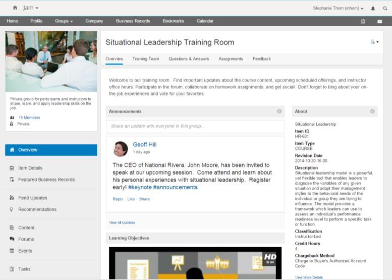 Blended learning Improve training effectiveness Training room with real time course data Automatic group invitations Related SAP Jam content visible within search Benefits Work patterns for training