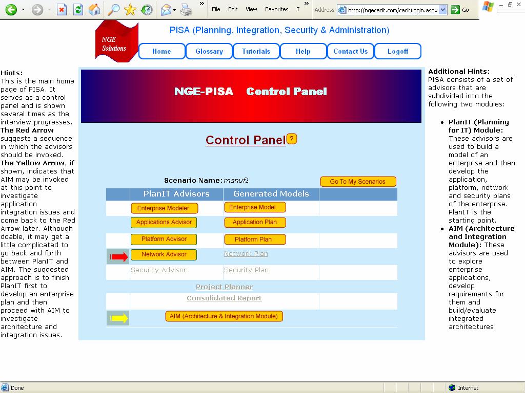 2.2. The Control Panel The Control Panel, shown below, is the main home page of CACIT. It controls the flow of a user interview and is shown several times as an interview progresses.