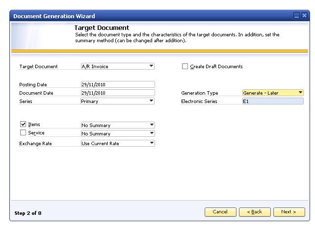 How to Implement and Use Electronic Documents with SAP Business One Generation Type Displays the default value for generating electronic documents using the Document Generation Wizard, which is