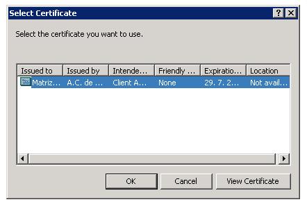 The certificate selection window appears with a list of available certificates. 3.
