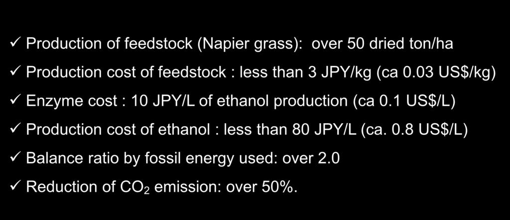 Summary of our achievement Production of feedstock (Napier grass): over 50 dried ton/ha Production cost of feedstock : less than 3 JPY/kg (ca 0.