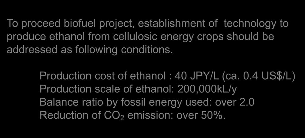 Final target on bioethanol technology project Introduction To proceed biofuel project, establishment of technology to produce ethanol from cellulosic energy crops should be addressed as