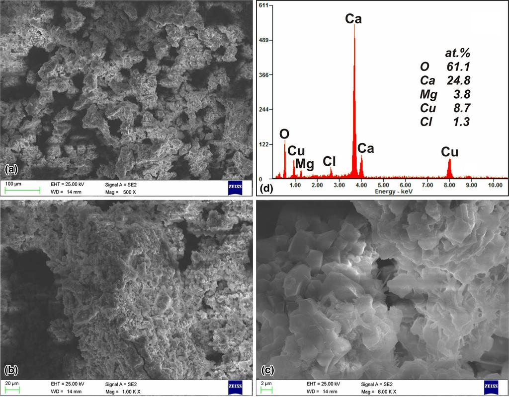 Fig. 8 SEM micrographs (a-c) and EDS analysis (d) of the surface morphology of Ca 50 Mg 20 Cu 30 metallic glass after corrosion tests (MEM) was used as the electrolyte for the corrosion measurements.