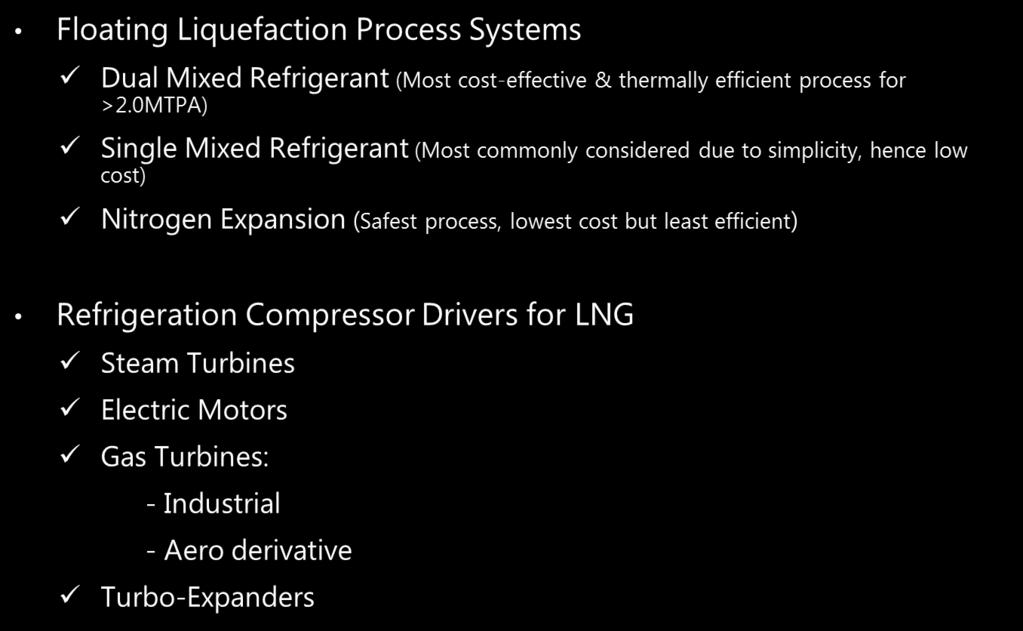 Floating Liquefaction Systems Current FLNG Driver Selection Project LNG Capacity, MTPA Driver Selection Total Installed Power, MW PFLNG1 1.2 Gas Turbine Electric motors PFLNG2 1.