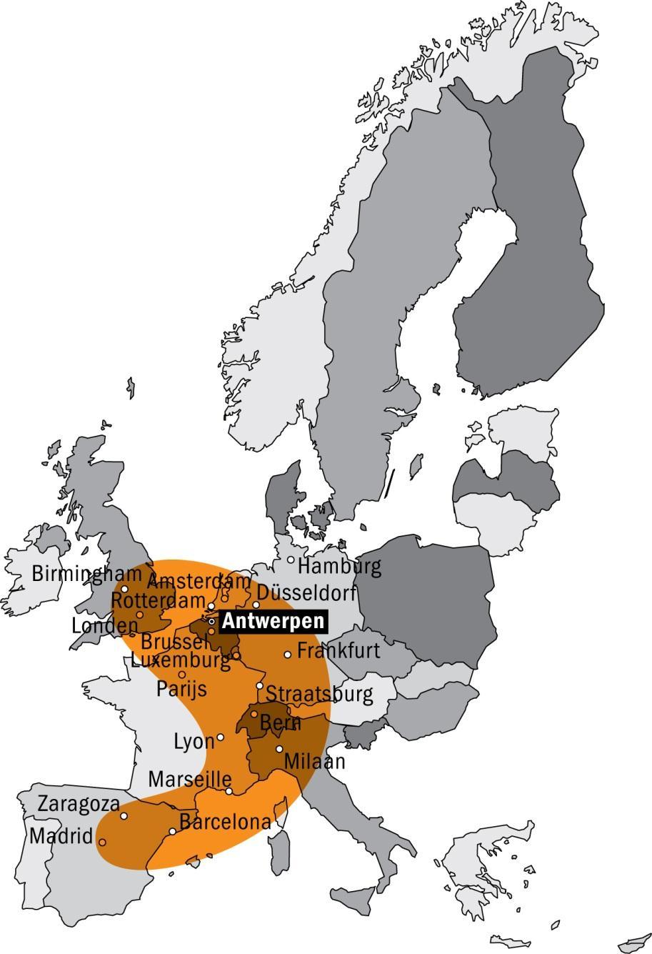 In the heart of Europe The banana contains the main European centres of production and