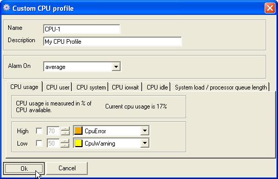 The CPU prfile Threshlds and alarm messages can be specified fr the fllwing parameters: Overall CPU usage CPU usage