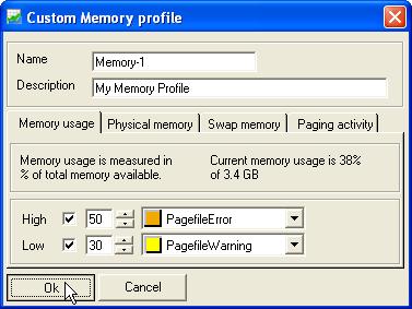The Memry prfile Threshlds can be set fr Memry usage, Physical memry usage, Swap memry usage and Paging activity.