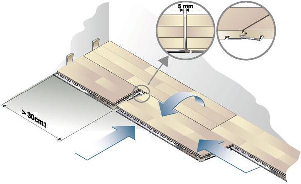 STARTING THE SECOND ROW Use, when suitable, the cut piece of floorboard (B) from the previous row to start the next row. We advise that the end joints are staggered 1/3 of a floorboard (min. 30 cm).