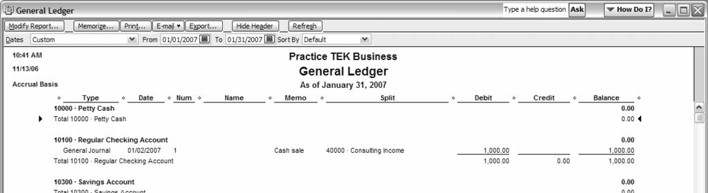 Chapter 3: General Journal Transactions and Reports 93 posted to 40000 Consulting Income. QBP has also entered GENJRNL and 1 as the audit trail code.