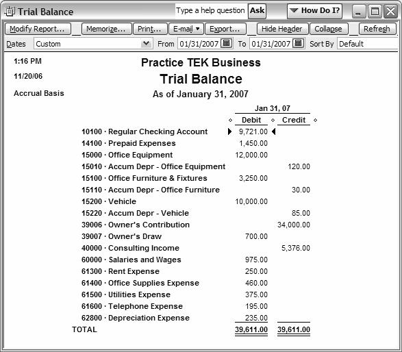 Chapter 3: General Journal Transactions and Reports 99 PRINT THE TRIAL BALANCE The Trial Balance report differs from the General Ledger report because it lists accounts and balances without