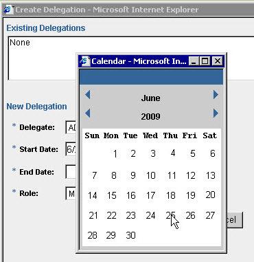 7. In the End Date field use calendar to select the date for which you wish the manager to no longer execute your tasks. 8.