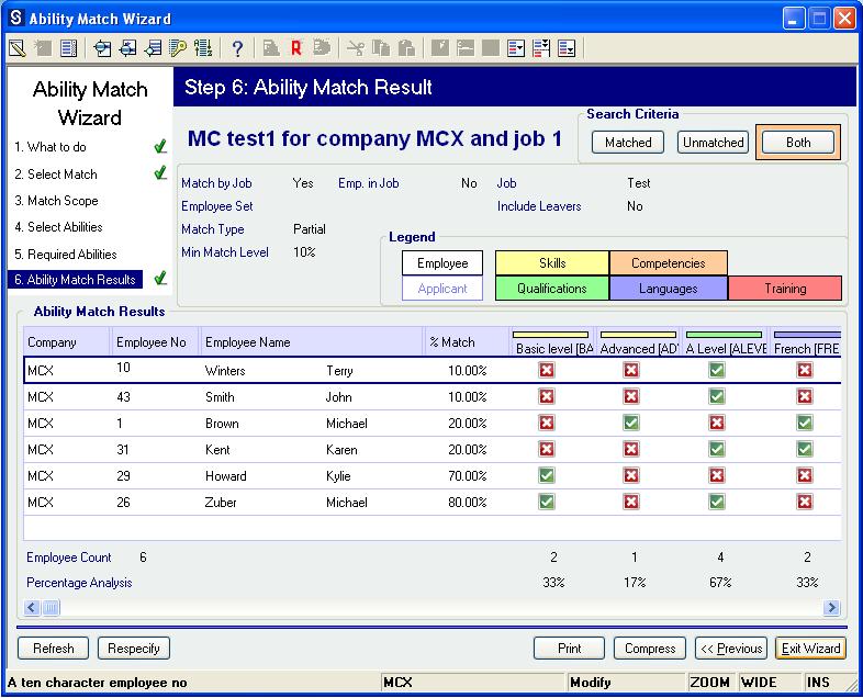 Ability Match Wizard Should you wish to establish if employees or applicants have the required abilities to perform their job, an 'Ability Match' can be performed.