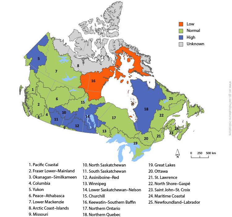 Regional Water Quantity in Canadian Rivers In 2013, water quantity conditions in most drainage regions across Canada were normal.