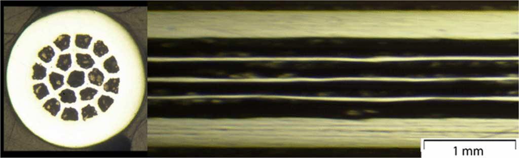 Specimen n, 19-filament wire using ex-situ powder, annealed twice, showing internal filament fracture. in Flexible Die Test, or PFD-test [17].