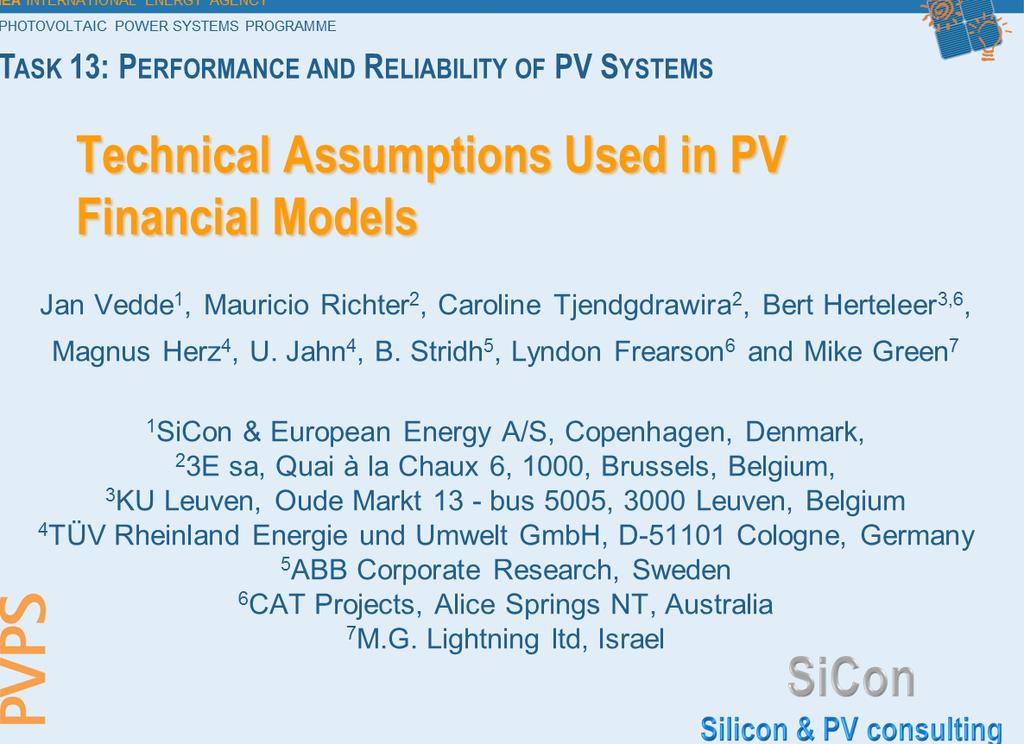EU PVSEC presentation: Technical Assumptions Used in PV