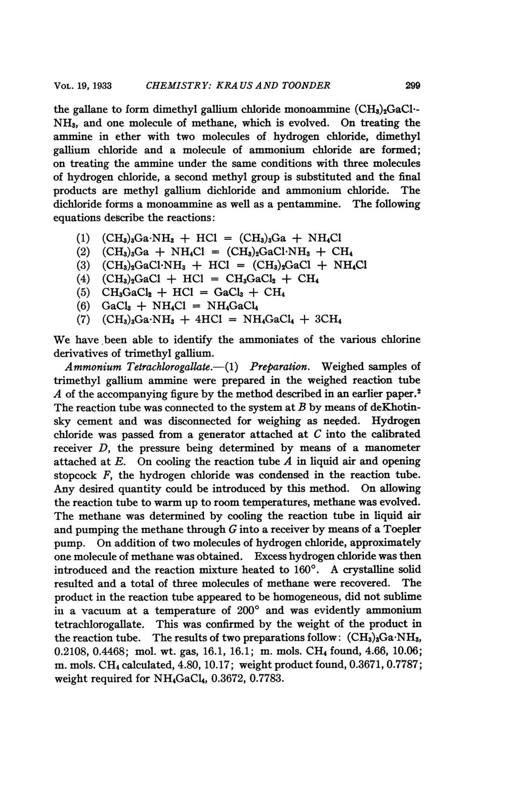 VOL. VOL.19,193 1933 CHEMISTR Y: KRA US AND TOONDER 299 the gallane to form dimethyl gallium chloride monoammine (CHs)2GaCl- NH3, and one molecule of methane, which is evolved.