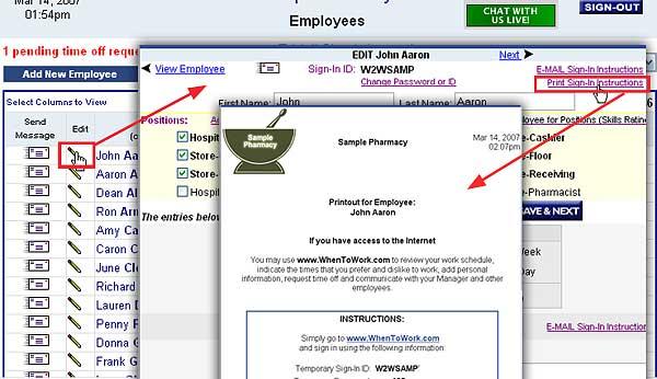 Find / Change an Employee's ID & Password Each employee has a unique sign-in ID and Password. When the employee is first added they are assigned a temporary ID and password that begins with W2W.