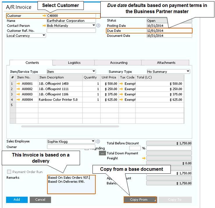 Figure 5-12: Creating an A/R invoice Note Tax Only Invoice. SAP Business One allows you to post a Tax Only invoice.