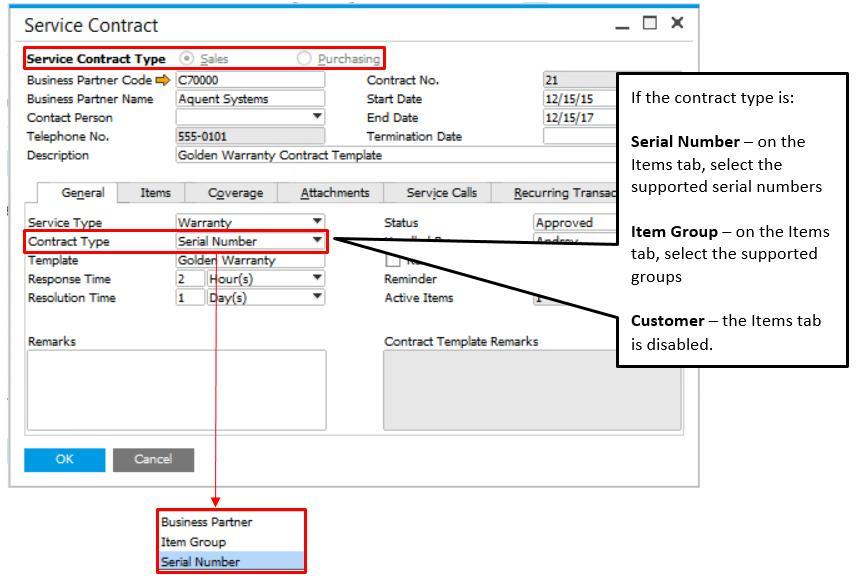Figure 9-2: Service Contract Types Note Service contract type reminder. Although you define a default contract type, at any point in time it is possible to update this field.