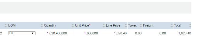 10. If you scroll to the right on the line you will see Quantity and Unit Price. You may adjust the Quantity so the line Total reflects the actual amount being invoiced.