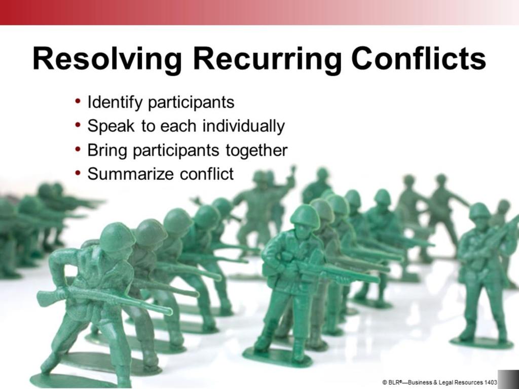 Recurring conflicts are particularly difficult to handle. They often involve a number of employees and some deep and bitter feelings.