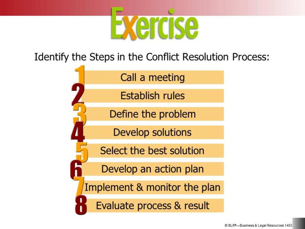 Now let s see if you remember the steps in the conflict resolution process that we discussed earlier in the session. We identified eight specific steps. See how many of those steps you can remember.