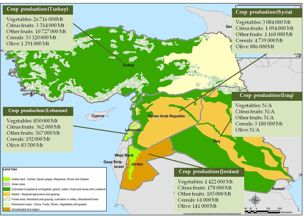 Map 2. Agricultural production of Syria and its neighbouring countries 2.2.1 Land use and crops (i) Egypt Less than 4 percent of Egypt s land cover is agricultural land (i.e. the irrigated flood plain and delta of the River Nile).
