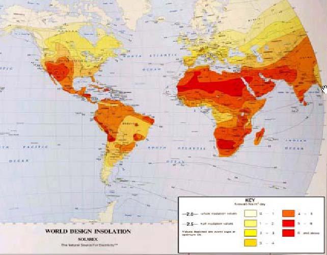 Figure 1: Global Solar Insolation mapping prepared by Solarex.
