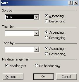 On the Data menu, click Sort to open the Sort dialog box. Sort dialog box Under Sort by, click the down arrow to display options, then click to select Description.