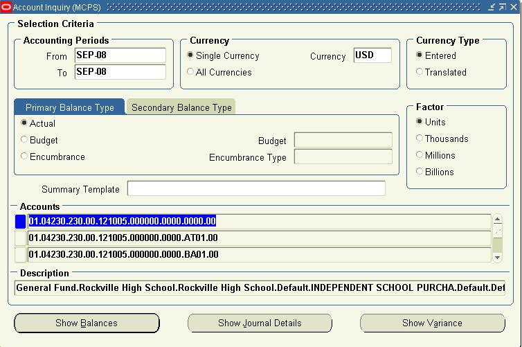 Accounts, cash accounts for the selected period are displayed. Account Inquiry form showing cash accounts 8.