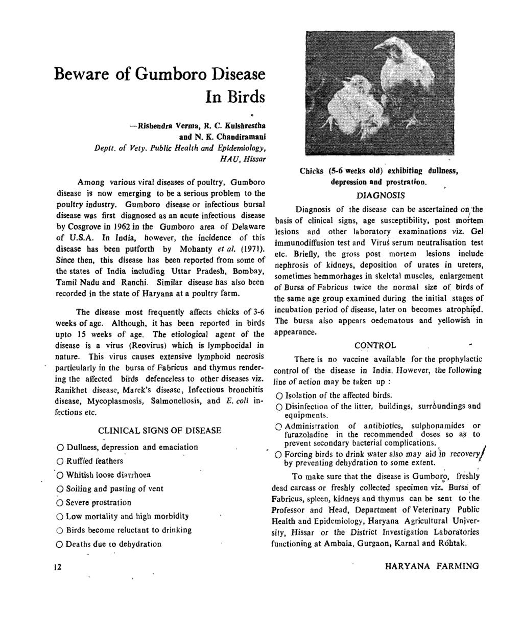 Beware of Gumboro Disease In Birds -Rishendra Verma, R. C. KuJshrestha and N. K. Cbaodiramani Deptt. of Vety.