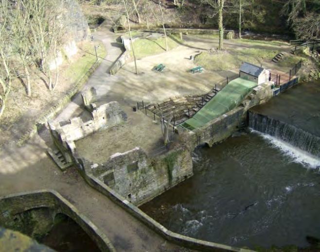 (Left) plan view photo of the RAS at New Mills and (right) a photo looking across the top of the weir to the angled transect (left-hand arch) and same axis (second arch in from right) NB: the bridge