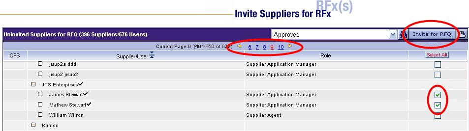 Invite Suppliers, continued The host will invite users within supplier organizations from this screen. Suppliers that have not already been invited will be listed.