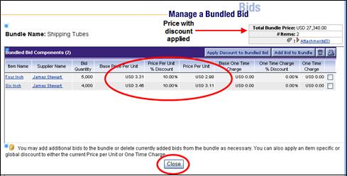 Bundle Bids, continued After closing the confirmation page, the Manage a Bundled Bid page will now show the new discounted prices for the Price Per Unit, One Time Charge fields and