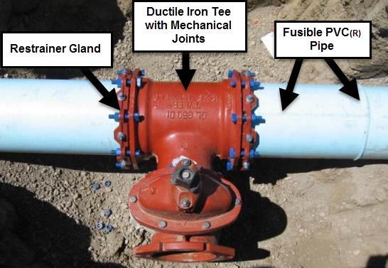 Figure 3.2. Example of a mechanical joint restrainer gland designed to provide restraint between PVC pipe and ductile iron fittings. Figure 3.3. An example of mechanical joint restrainer glands used with PVC pipe and a Tee fitting.