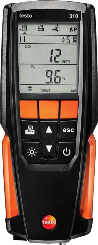 Flue gas analyzer testo 310 Flue gas analysis the easy way Robust design for daily use Battery lifetime up to 10 hours Integrated menus: Flue gas, draught, ambient CO and pressure Fast sensor zeroing