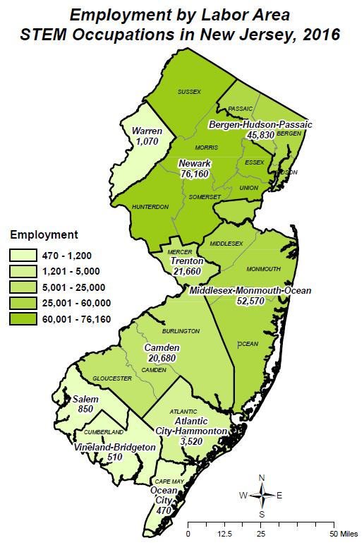 ALL STEM OCCUPATIONS BY LABOR AREA Labor Area STEM Employment Essex-Hudson-Morris-Somerset-Sussex-Union County Area 76,160 Middlesex-Monmouth-Ocean County Area 52,570 Bergen-Hudson-Passic County Area