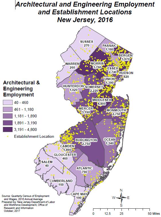 ARCHITECTURAL AND ENGINEERING SERVICES, 2016 Architectural and Engineering Services industry is distributed fairly evenly from Camden and Burlington counties in the southern part of the state through