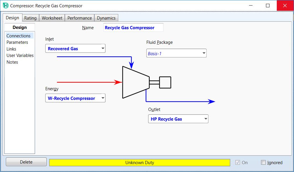 Set the Inlet as the Recovered Gas stream. Create an Outlet stream HP Recycle Gas & a work Energy stream W-Recycle Compressor. Select the Worksheet tab.