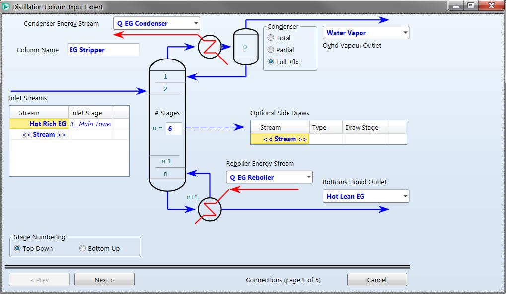 Let s create the streams while creating the unit operations. Create the stripping column using the Distillation Column Sub-flowsheet module from the Columns tab of the model Palette.
