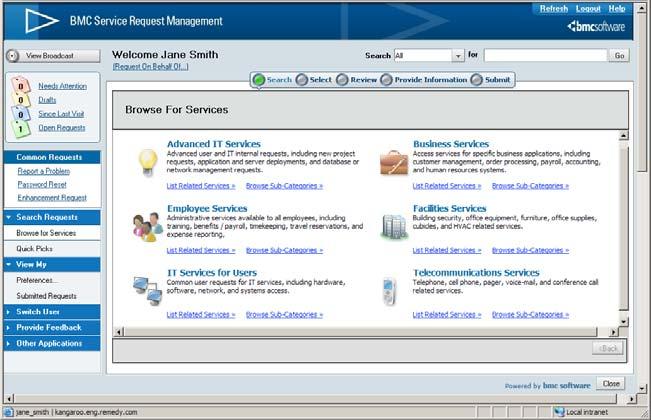 BMC Service Request Management Improve IT service efficiency by allowing employees to view, request, and track the status of service requests BMC Service Request Management enables IT organizations