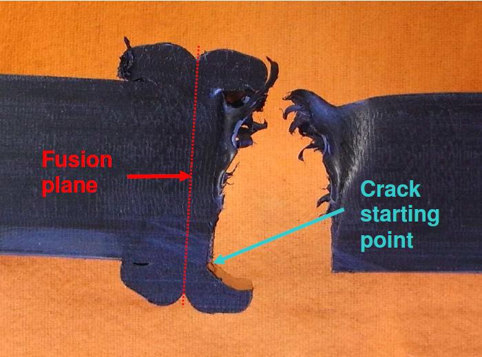 Fig. 4 Tensile Creep test specimen showing crack propagation and growth from the weld bead weld bead into the pipe material and fracture surface PROGRESS - TEST RESULTS At the time of preparing this