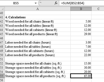 The easiest approach is to use a SUMfunction: =SUM(B42:44) 8. Rows 47-55: Calculate the needs for labor (hours) and storage space (sq. ft.) similar to the calculations of wood.